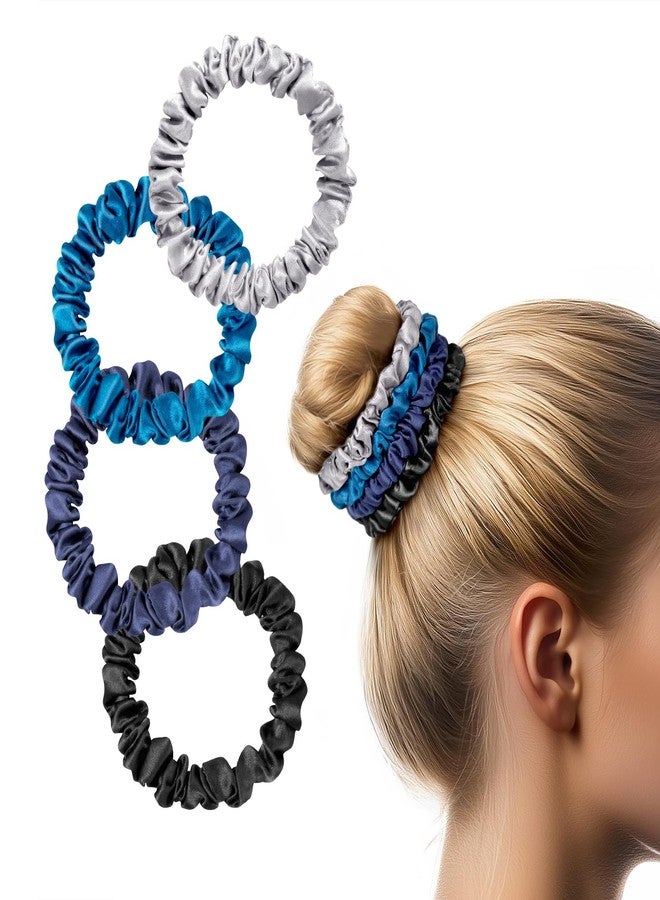 Zenssia Silk Scrunchies for Hair, 4PC Pure Mulberry Silk Hair Ties No Damage, Skinny Elastic Scrunchies for Fine & Thin Hair, Black Navy Royal Blue Silvergrey - Image 1